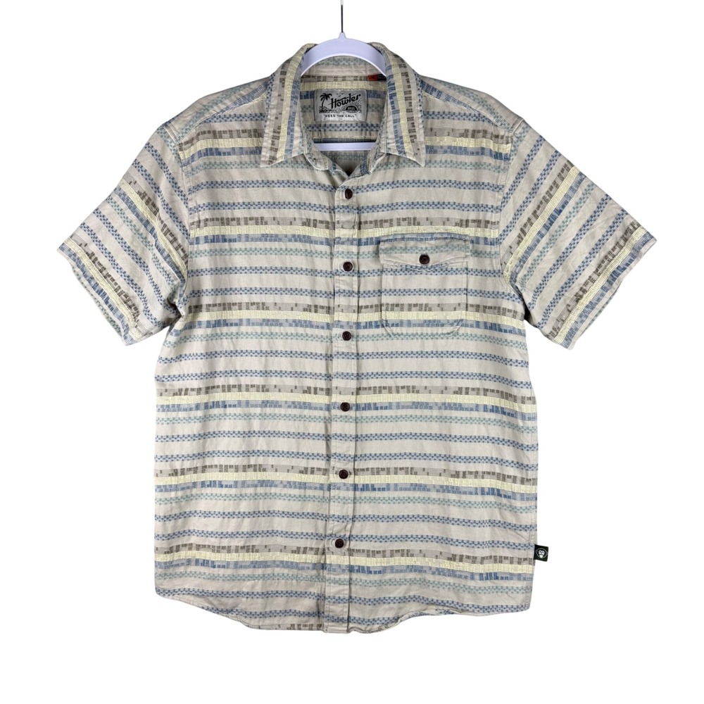 Howler Brothers Mens M Shirt Cotton Beige Blue Striped Short Sleeve button down